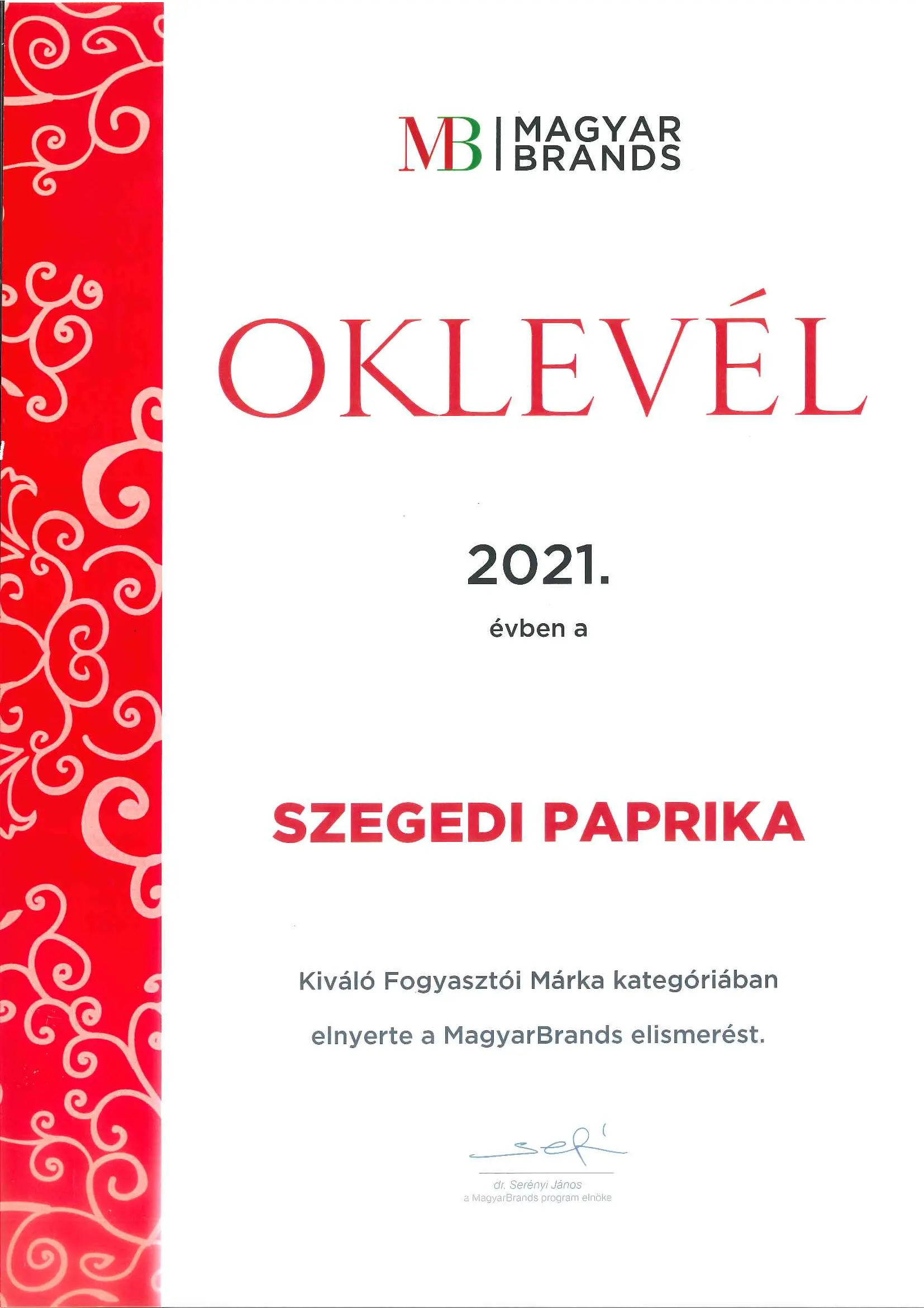 Magyar Brands oklevele 2021