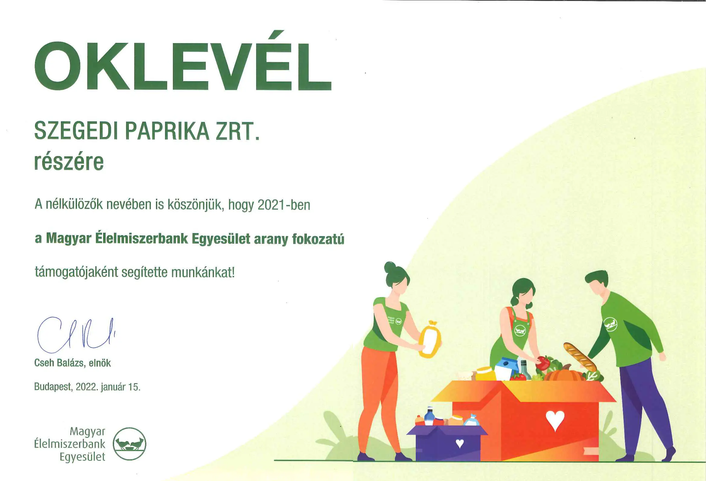 Magyar Élelmiszerbank Egyesület oklevele 2021