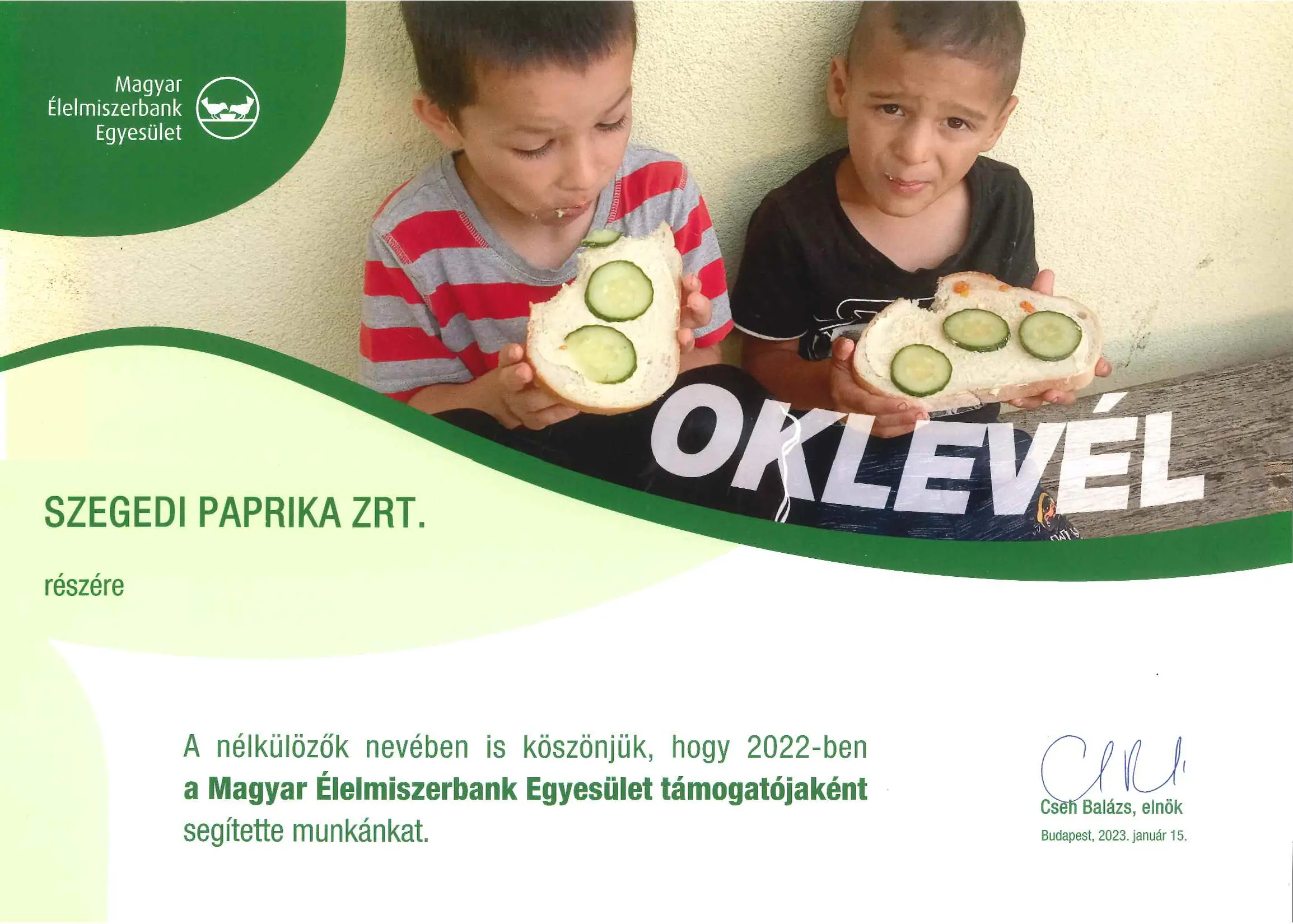 Magyar Élelmiszerbank Egyesület oklevele 2022